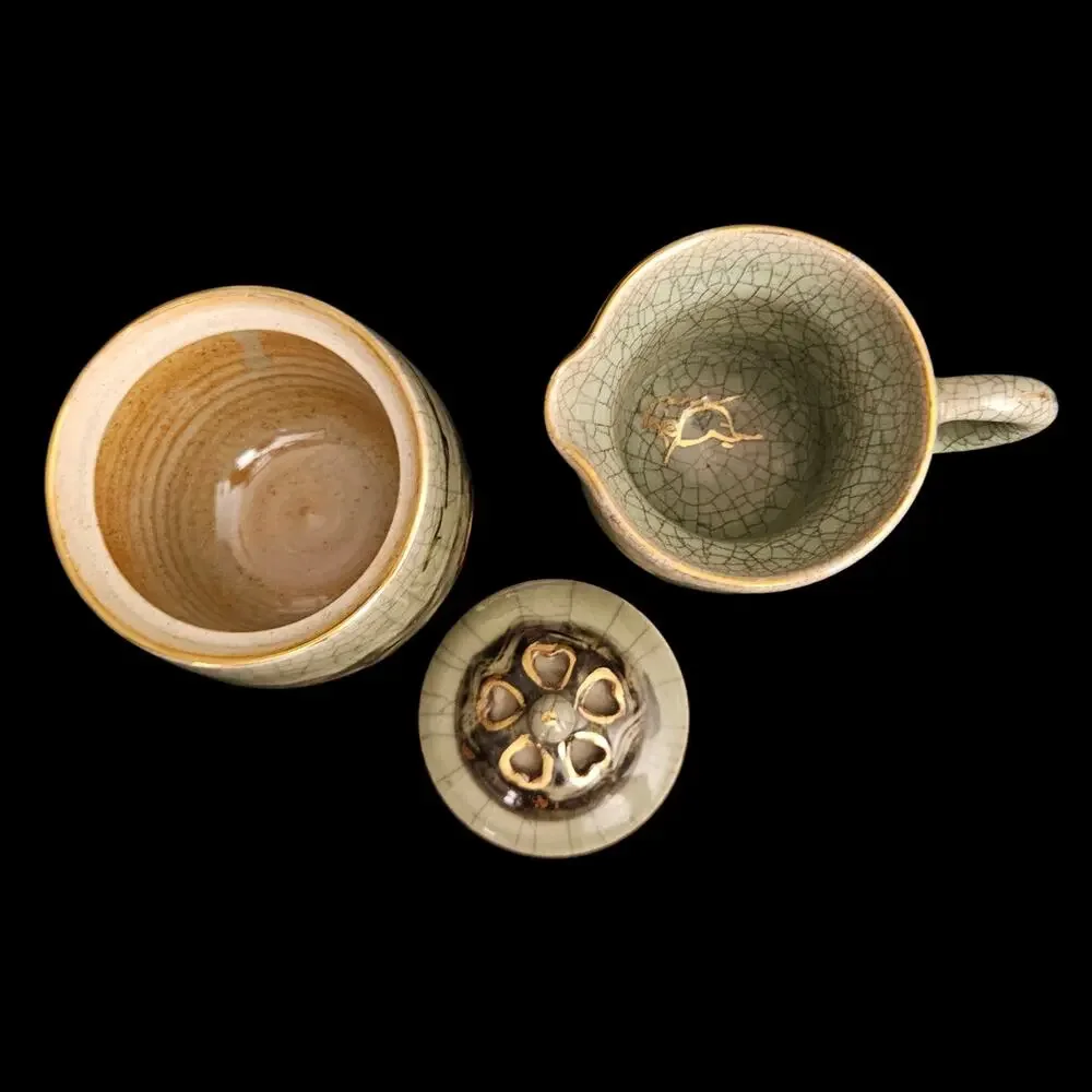 Vintage Made in Japan Art Pottery Creamer Sugar Bowl Crackle Glaze Pierced Heart